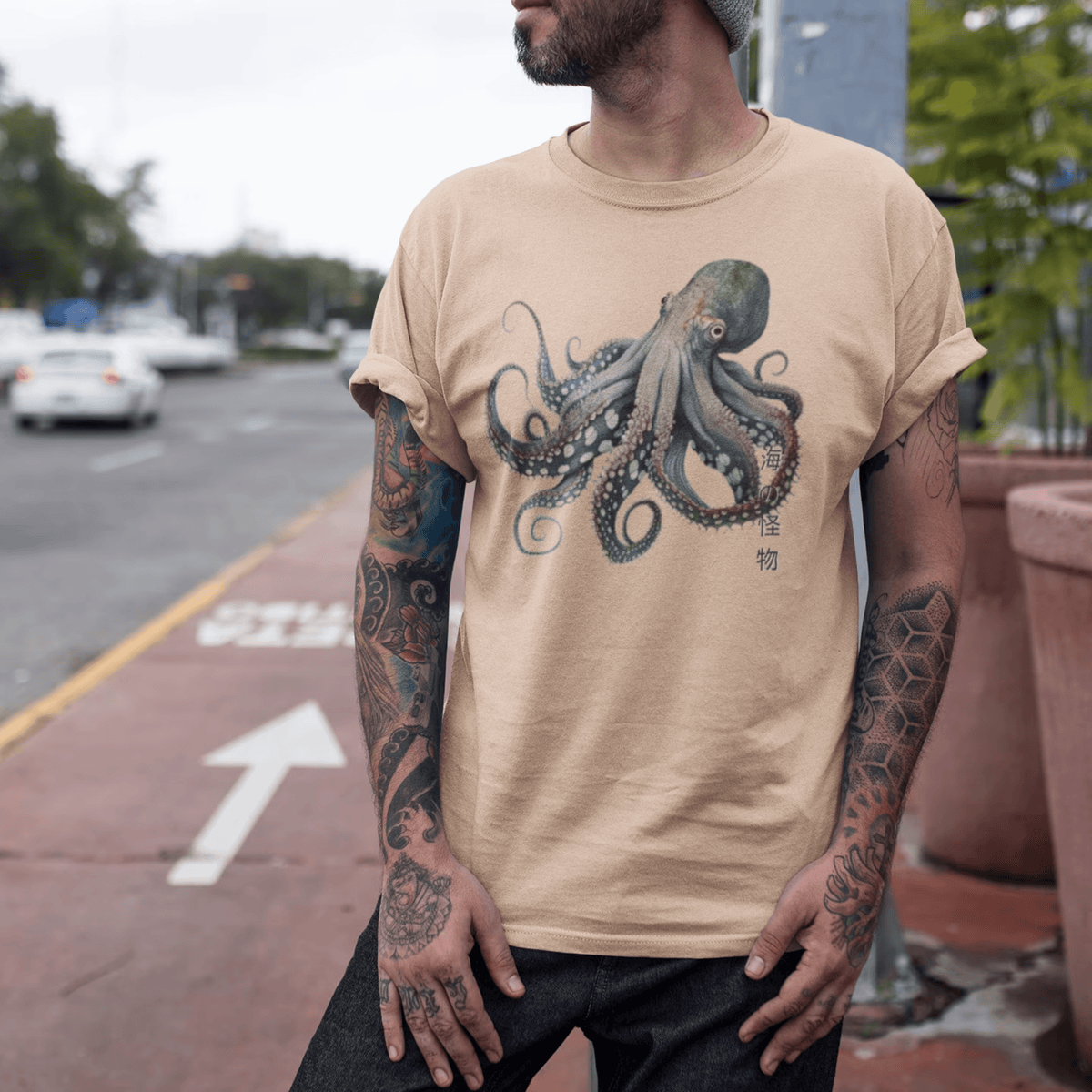 Tan- Japanese Octopus Tshirt, Japanese Calligraphy T Shirt, Gyotaku, Traditional Art, Japan Anime, Manga, Gold Print, Yoga, Martial Arts, Samurai, Mens Womens Printed Tee, Gift for him, Gift for dad, Japanese art, Japanese Culture apparel, Japanese Graphic Tee  