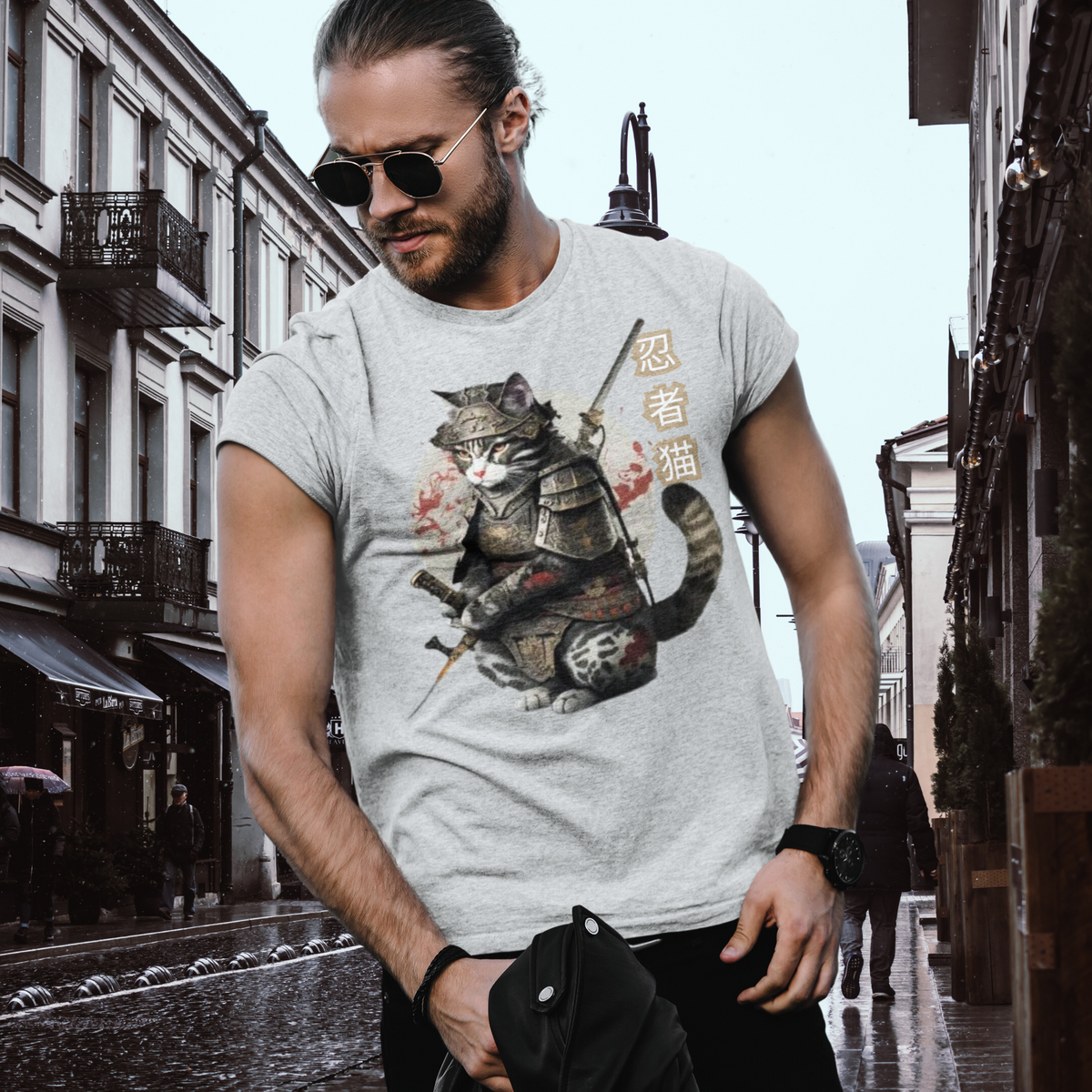 Athletic Heather Color- Tokio Japan,  Samurai cat tee,  Samurai Cat, Tattoo Style Shirt,  Samurai cat,  Samurai,  Ninja, Samurai Kitten,  Ninja cat tshirt,  Ninja Cat,  kawaii,  Japanese Kawaii, Ninja Cat T-Shirt,  Japanese Calligraphy,  gift for him,  gift for her,  gift for cat lover,  Cat Lover T-Shirt