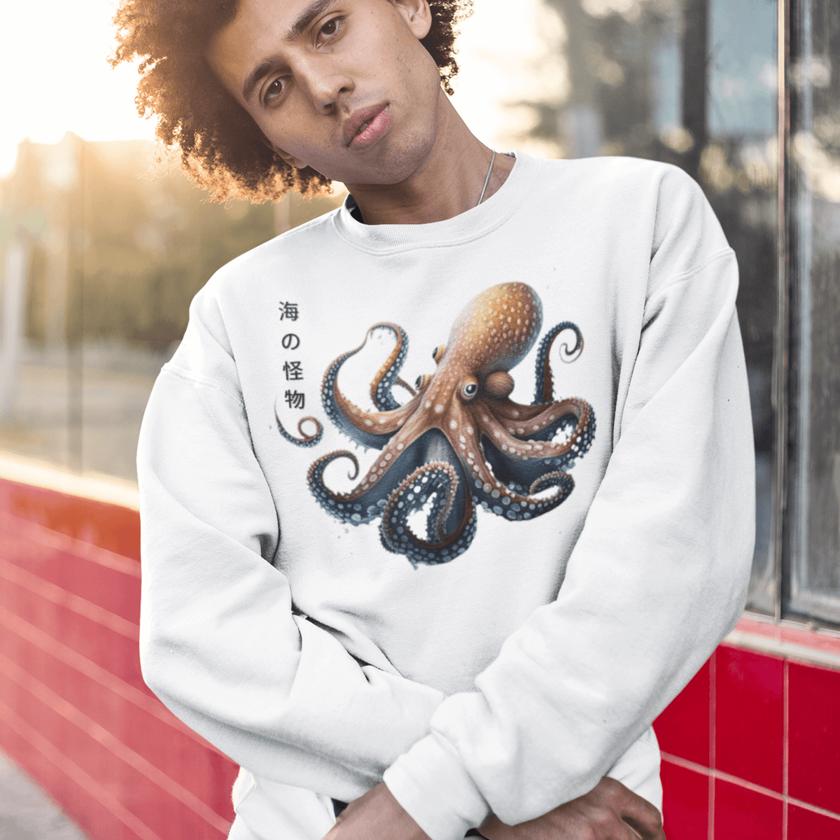 White- Japanese Octopus Sweatshirt, Japanese Calligraphy Sweatshirt, Gyotaku, Traditional art, Japan anime, Manga, Gold print, Yoga, Martial Arts, Samurai, Mens Printed Tee, Gift for him, Gift for dad, Japanese art, Japanese Culture apparel, Japanese Graphic Tee