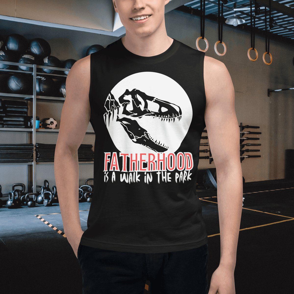 muscle shirt, dinosaur, fatherhood, parenting, family, dad life, sleeveless tee, graphic design, father's day, dad gift, comfortable, unique slogan, casual wear, prehistoric, adventure, fun, dad pride, stylish, soft fabric, conversation starter, fatherhood is a walk in the park tee