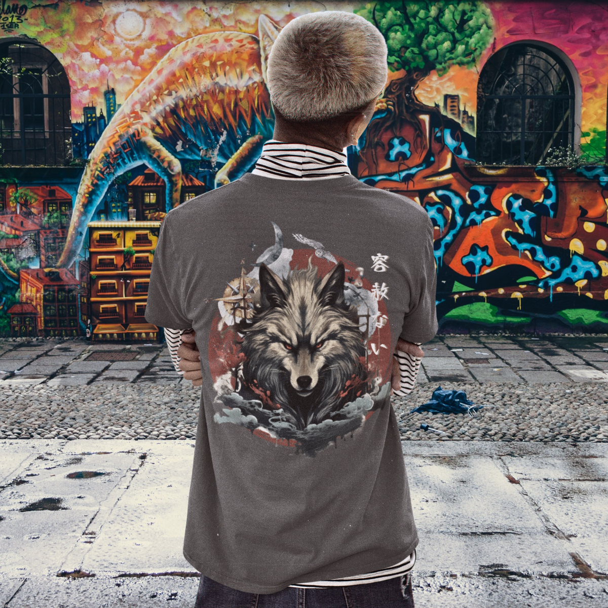 Asphalt- Japanese Wolf T-Shirt, Cultural Fashion, Folklore Inspired, Nature Motif, Compass Design, Symbolic Apparel, Mythical Creatures, Artistic Tee, Intricate Prints, Storytelling Fashion, Traditional Art, Adventure Ready, Unique Graphic, Heritage Style, Compass Rose, Mystical Symbolism, Wolf Spirit. Navigational Theme, Cultural Fusion, Statement Wear, gif for him, gift for dad