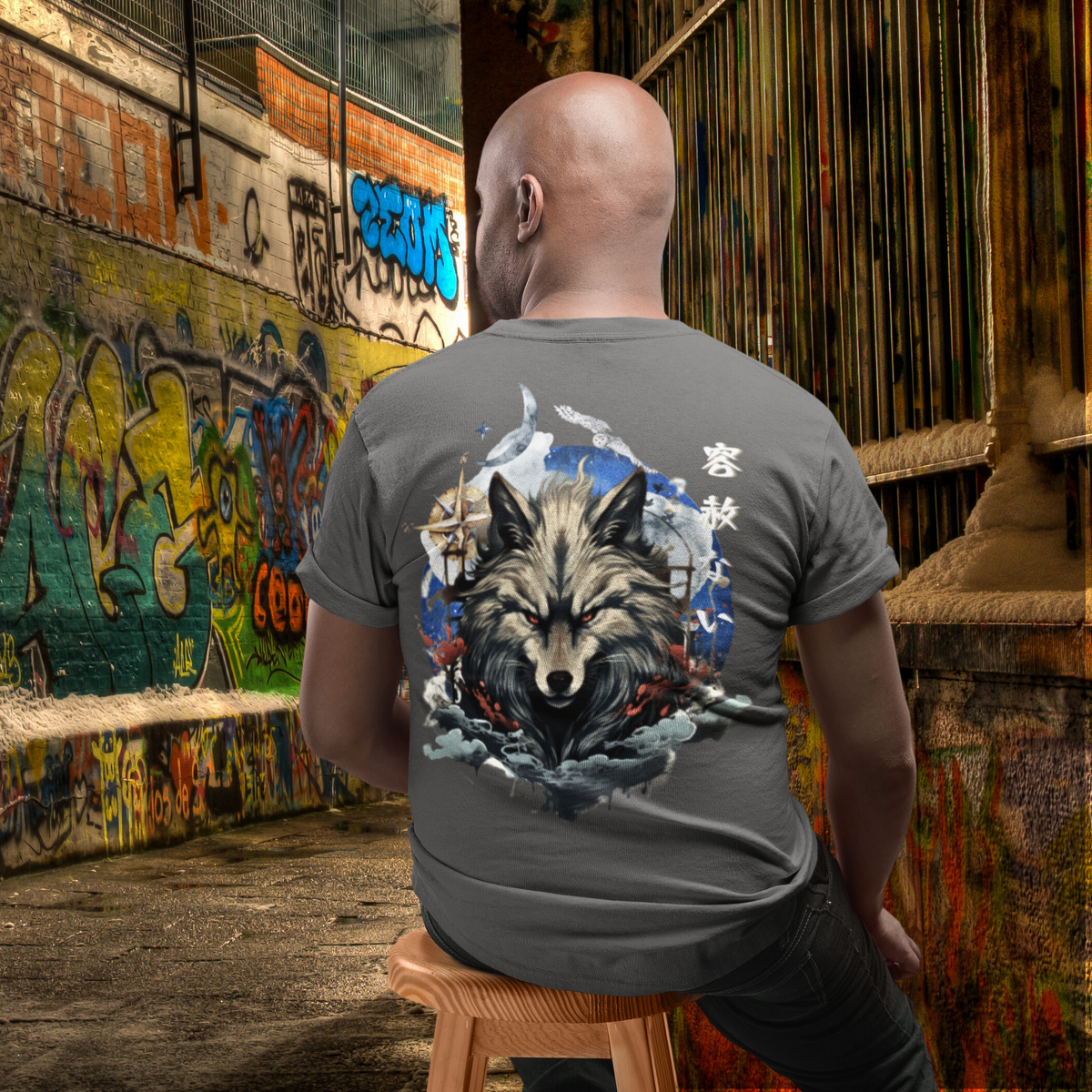 Asphalt- Japanese Wolf T-Shirt, Cultural Fashion, Folklore Inspired, Nature Motif, Compass Design, Symbolic Apparel, Mythical Creatures, Artistic Tee, Intricate Prints, Storytelling Fashion, Traditional Art, Adventure Ready, Unique Graphic, Heritage Style, Compass Rose, Mystical Symbolism, Wolf Spirit. Navigational Theme, Cultural Fusion, Statement Wear, gif for him, gift for dad