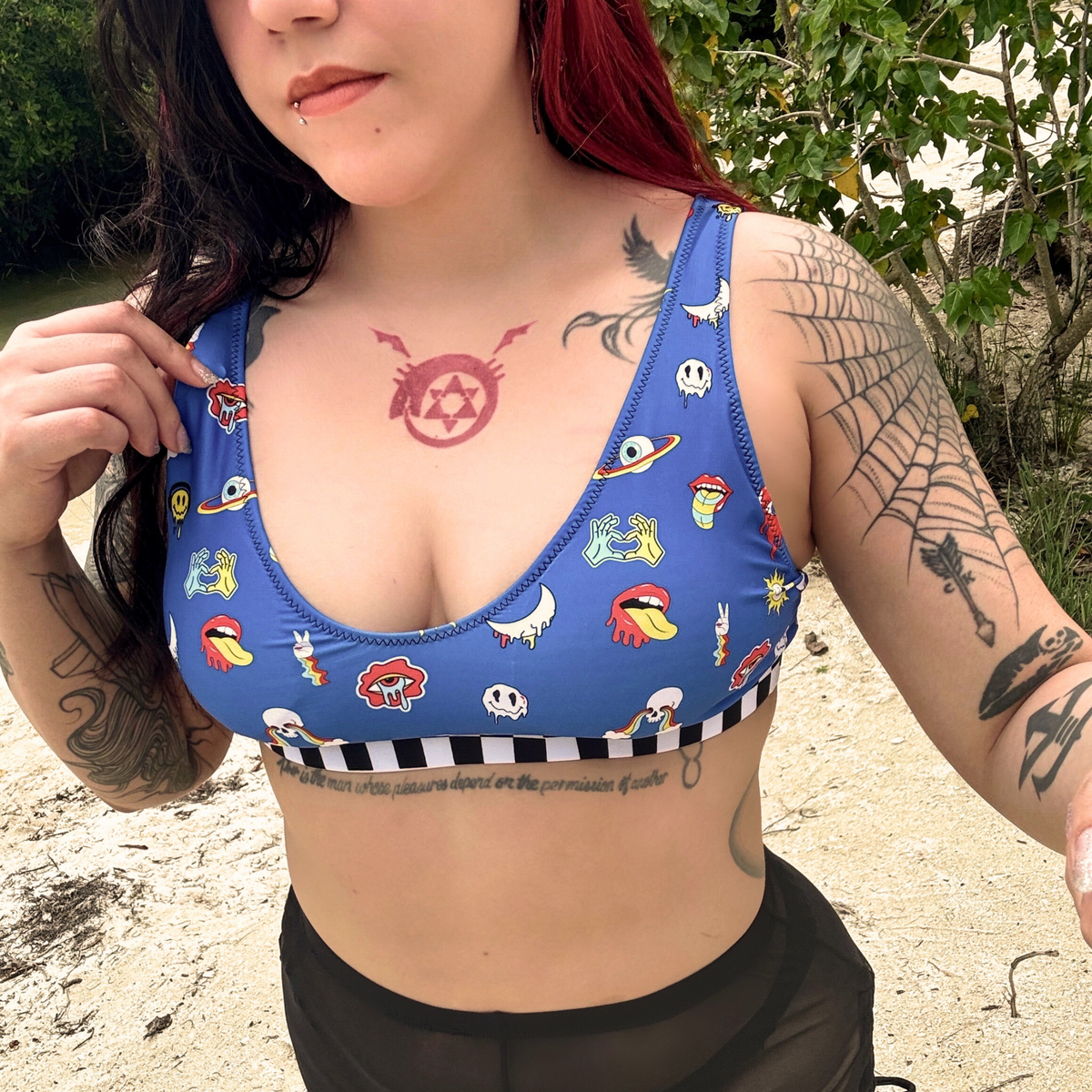 Blue, Bikini Top, All Over Print, Psychedelic, Skulls, Rainbow Eyes, Mouth, Tongue Out, Rainbow Circles, Moons, Rainbow Drops, Smiley Faces, Headphones