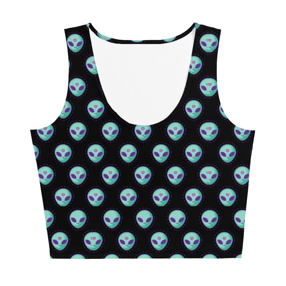 Alien Fashion, Cosmic Crop Top, Quirky Style, Extraterrestrial Trend, Crop Top Vibes, Space Inspired, Unique Print, Fashion Forward, Playful Aliens, Statement Piece