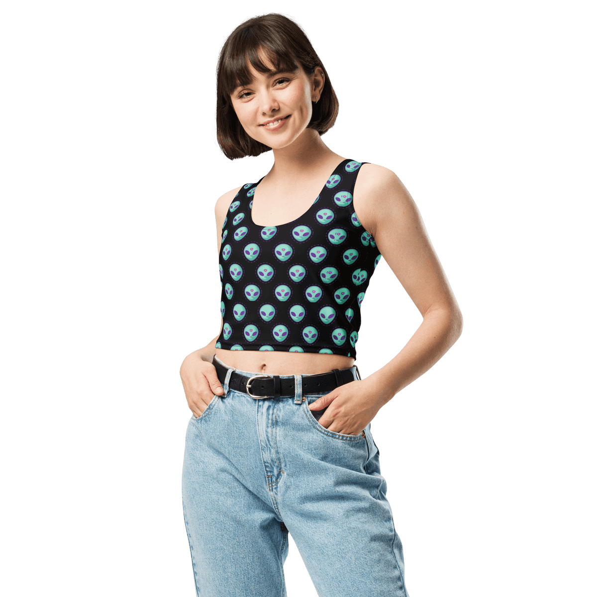 Alien Fashion, Cosmic Crop Top, Quirky Style, Extraterrestrial Trend, Crop Top Vibes, Space Inspired, Unique Print, Fashion Forward, Playful Aliens, Statement Piece