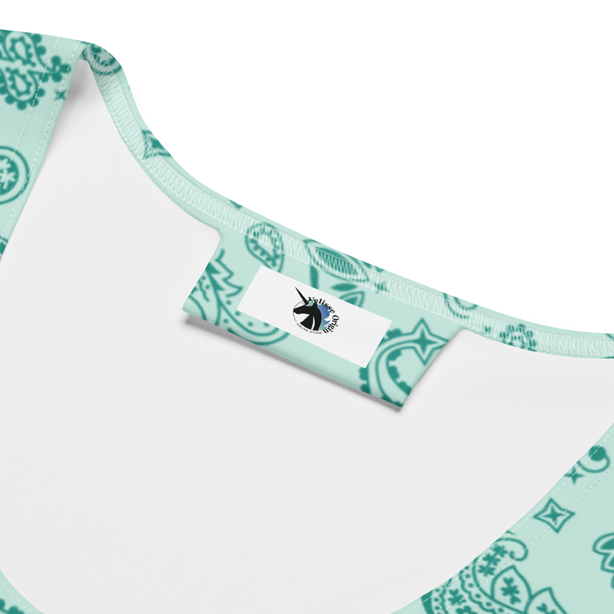 Handkerchief Print, Boho Chic, Crop Top Style, Unique Design, Trendy Fashion, Statement Piece, Versatile Crop, Fashion Forward, Eye-Catching Print, Effortless Elegance