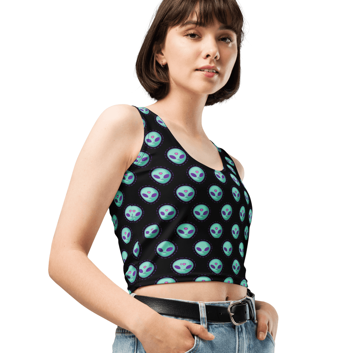 Alien Fashion, Cosmic Crop Top, Quirky Style, Extraterrestrial Trend, Crop Top Vibes, Space Inspired, Unique Print, Fashion Forward, Playful Aliens, Statement Piece