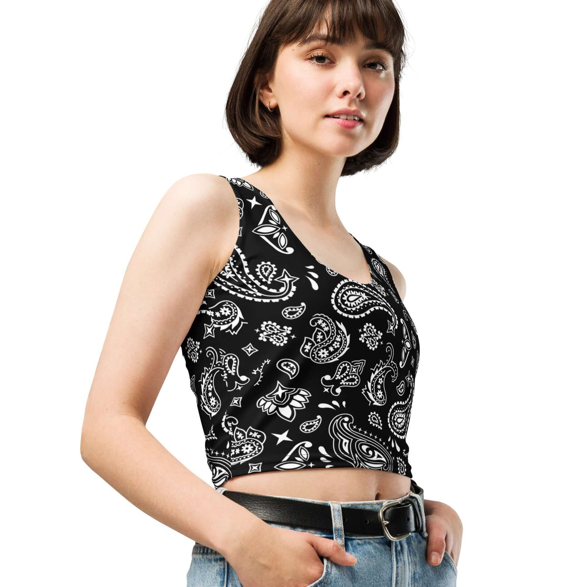 Handkerchief Print, Boho Chic, Crop Top Style, Unique Design, Trendy Fashion, Statement Piece, Versatile Crop, Fashion Forward, Eye-Catching Print, Effortless Elegance