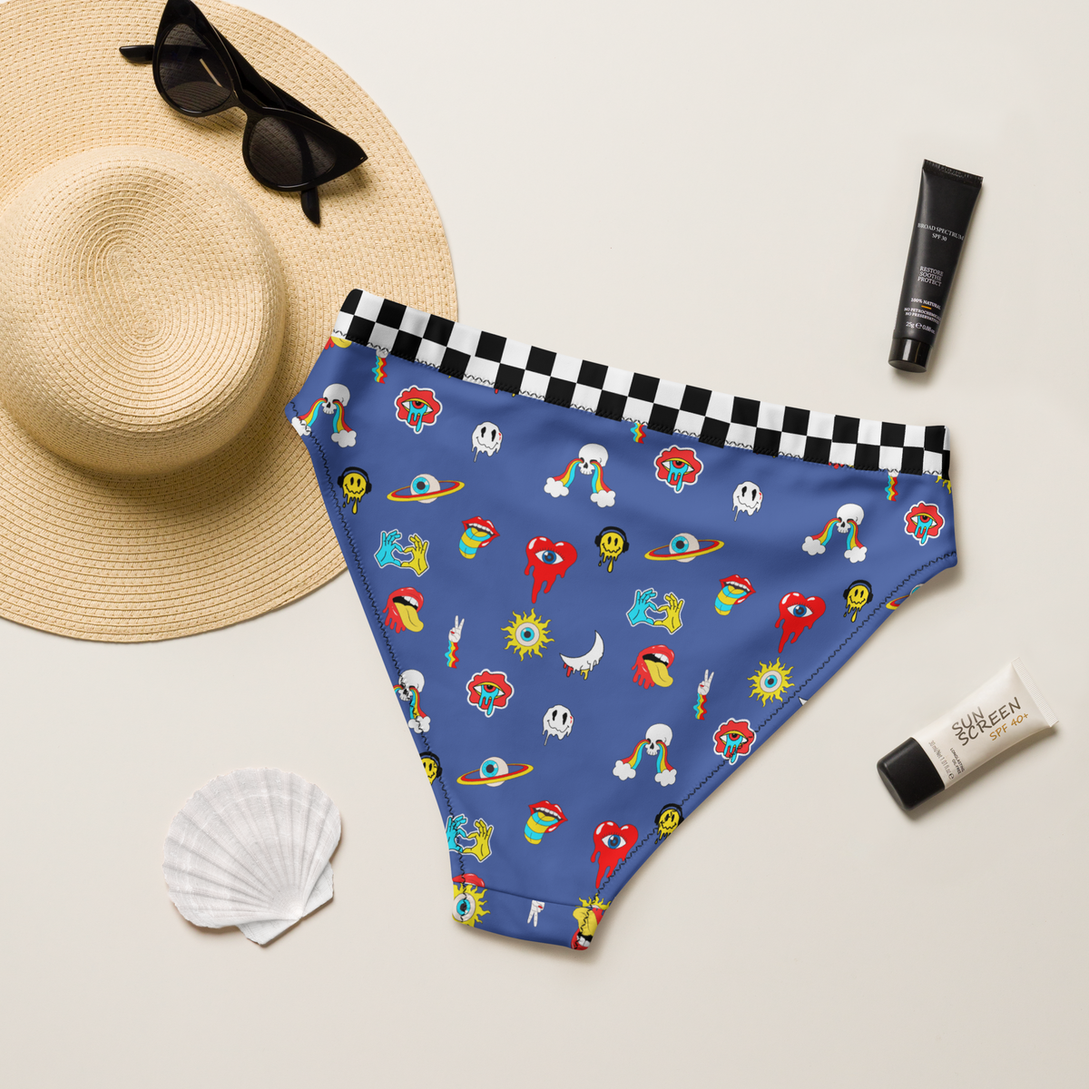 Blue, Bikini Top, All Over Print, Psychedelic, Skulls, Rainbow Eyes, Mouth, Tongue Out, Rainbow Circles, Moons, Rainbow Drops, Smiley Faces, Headphones, high-waisted bikini bottom, bikini bottom