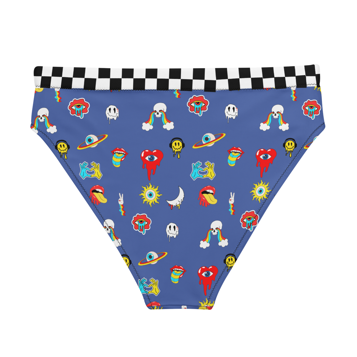 Blue, Bikini Top, All Over Print, Psychedelic, Skulls, Rainbow Eyes, Mouth, Tongue Out, Rainbow Circles, Moons, Rainbow Drops, Smiley Faces, Headphones, high-waisted bikini bottom, bikini bottom