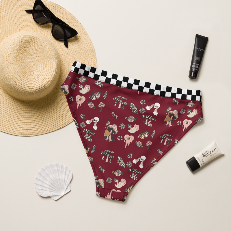 Burgundy, Bikini Top, Fungi Print, Pink, Swimwear, Beachwear, Poolside, Women's Fashion, Summer Style, Whimsical, Playful, Vibrant, Unique, Statement Piece, Floral Print, Nature Inspired, Trendy, Chic, Fashionable, high-waisted bikini bottom, bikini bottom