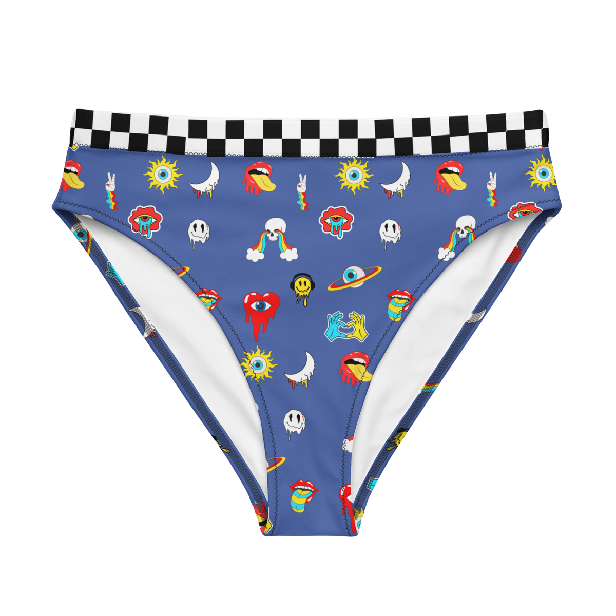 Blue, Bikini Top, All Over Print, Psychedelic, Skulls, Rainbow Eyes, Mouth, Tongue Out, Rainbow Circles, Moons, Rainbow Drops, Smiley Faces, Headphones, high-waisted bikini bottom, bikini bottom