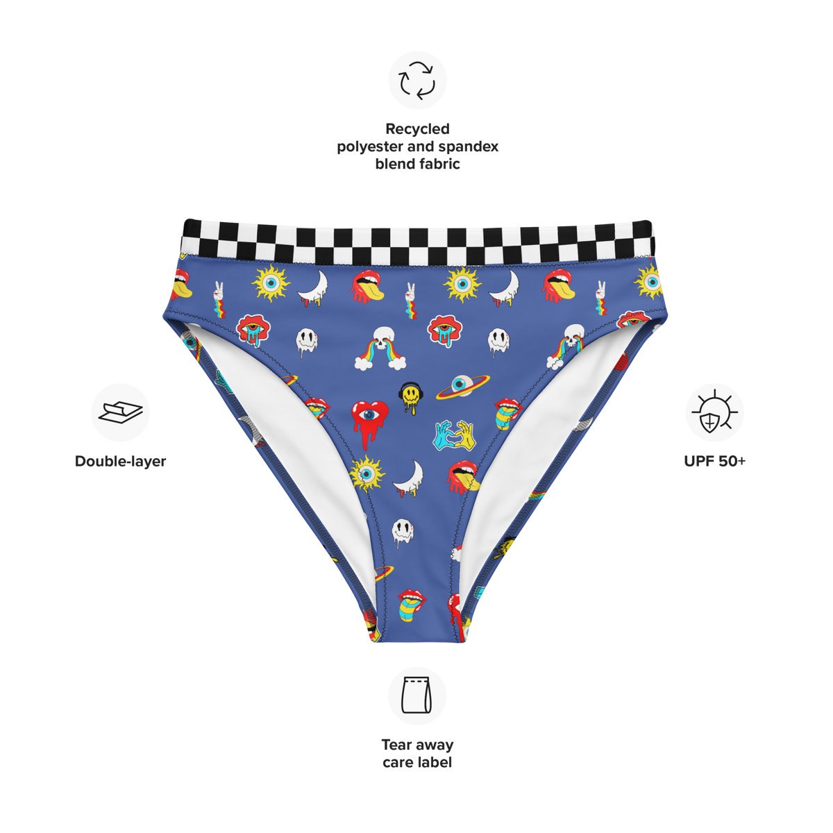 Blue, Bikini Top, All Over Print, Psychedelic, Skulls, Rainbow Eyes, Mouth, Tongue Out, Rainbow Circles, Moons, Rainbow Drops, Smiley Faces, Headphones, high-waisted bikini bottom, bikini bottom