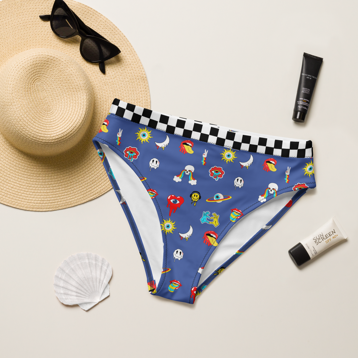 Blue, Bikini Top, All Over Print, Psychedelic, Skulls, Rainbow Eyes, Mouth, Tongue Out, Rainbow Circles, Moons, Rainbow Drops, Smiley Faces, Headphones, high-waisted bikini bottom, bikini bottom