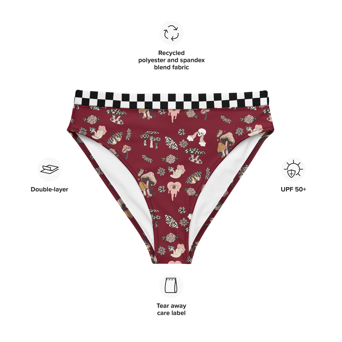 Burgundy, Bikini Top, Fungi Print, Pink, Swimwear, Beachwear, Poolside, Women's Fashion, Summer Style, Whimsical, Playful, Vibrant, Unique, Statement Piece, Floral Print, Nature Inspired, Trendy, Chic, Fashionable, high-waisted bikini bottom, bikini bottom