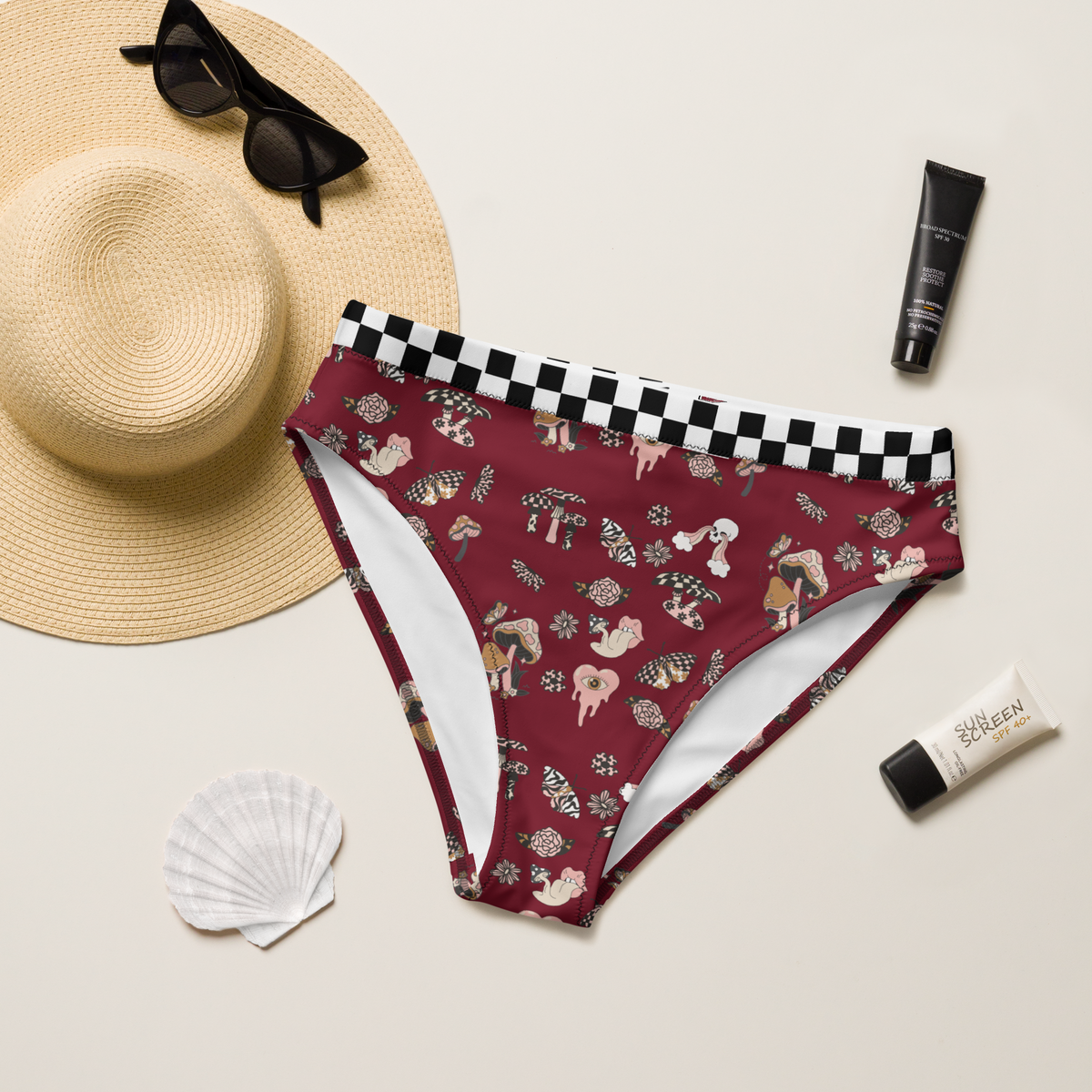 Burgundy, Bikini Top, Fungi Print, Pink, Swimwear, Beachwear, Poolside, Women's Fashion, Summer Style, Whimsical, Playful, Vibrant, Unique, Statement Piece, Floral Print, Nature Inspired, Trendy, Chic, Fashionable, high-waisted bikini bottom, bikini bottom