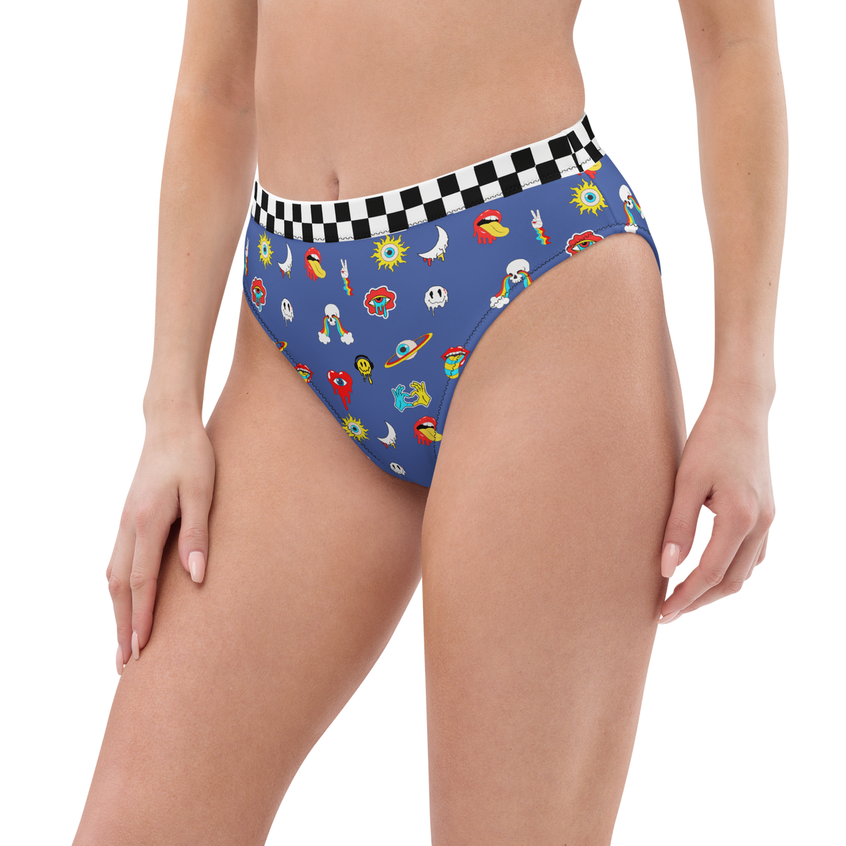 Blue, Bikini Top, All Over Print, Psychedelic, Skulls, Rainbow Eyes, Mouth, Tongue Out, Rainbow Circles, Moons, Rainbow Drops, Smiley Faces, Headphones, high-waisted bikini bottom, bikini bottom