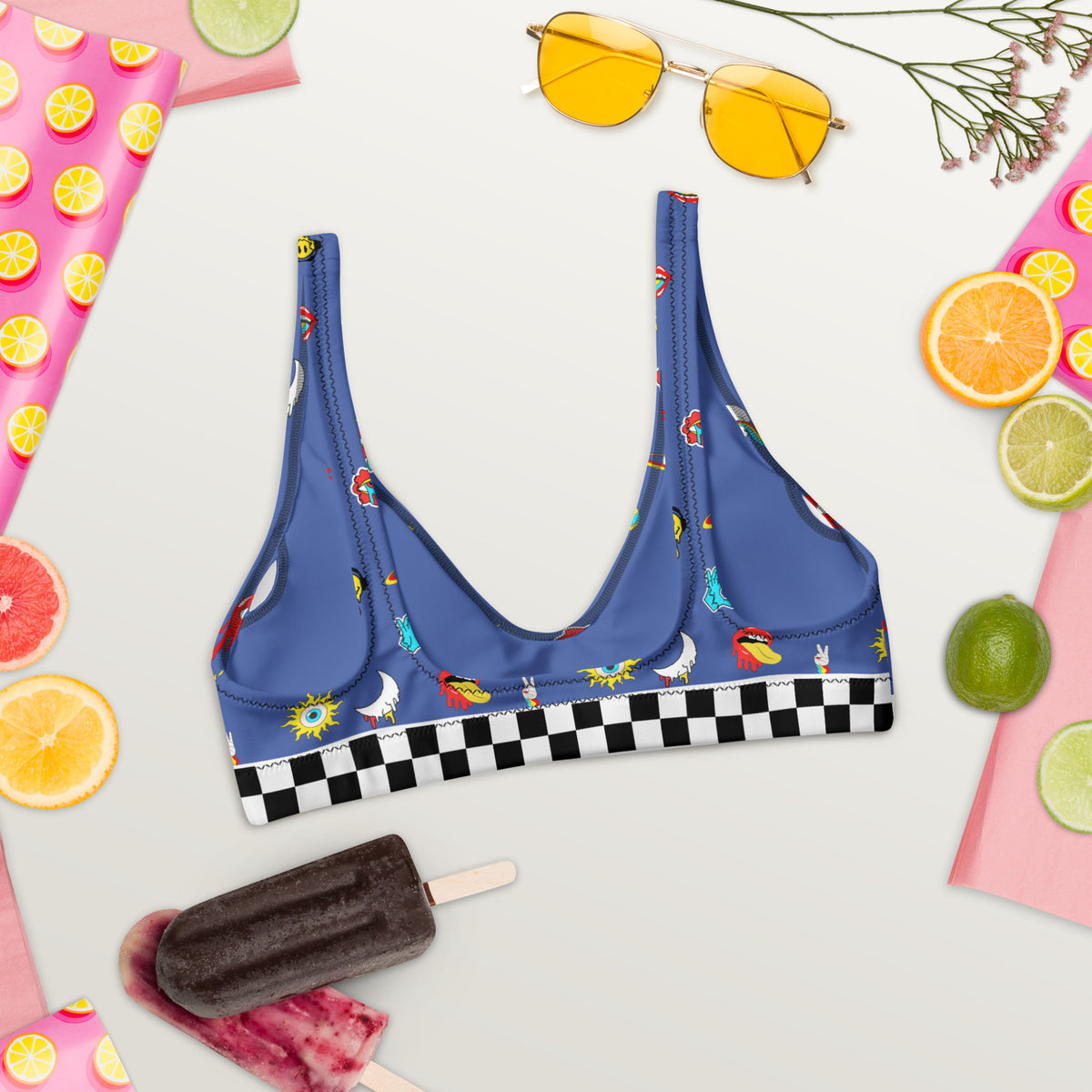  Blue, Bikini Top, All Over Print, Psychedelic, Skulls, Rainbow Eyes, Mouth, Tongue Out, Rainbow Circles, Moons, Rainbow Drops, Smiley Faces, Headphones