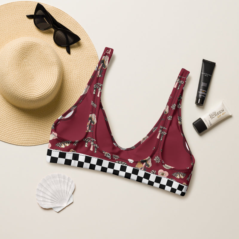 Burgundy, Bikini Top, Fungi Print, Pink, Swimwear, Beachwear, Poolside, Women's Fashion, Summer Style, Whimsical, Playful, Vibrant, Unique, Statement Piece, Floral Print, Nature Inspired, Trendy, Chic, Fashionable