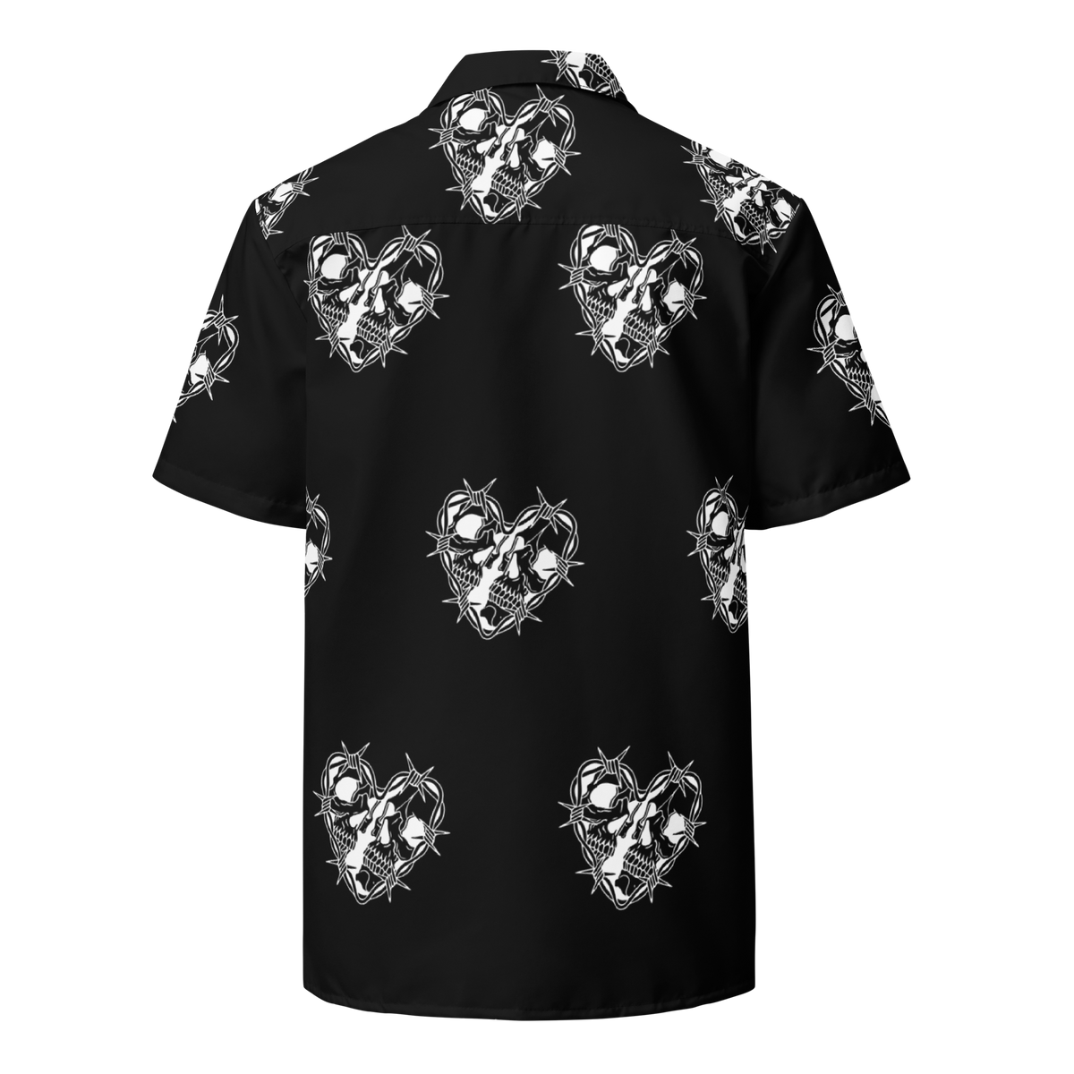 Rebellious Romance, Oversized Button Shirt, Skull Print, Heart with Spines, Edgy Fashion, Romantic Style, Statement Piece, Bold Print, Urban Flair, Trendy Apparel, Unique Design, Streetwear, Fashion Forward, Skull Fashion, Heart Print Shirt, Edgy Romance, Contemporary Fashion, Eye-catching Shirt, Street Style, Urban Chic, button up shirt