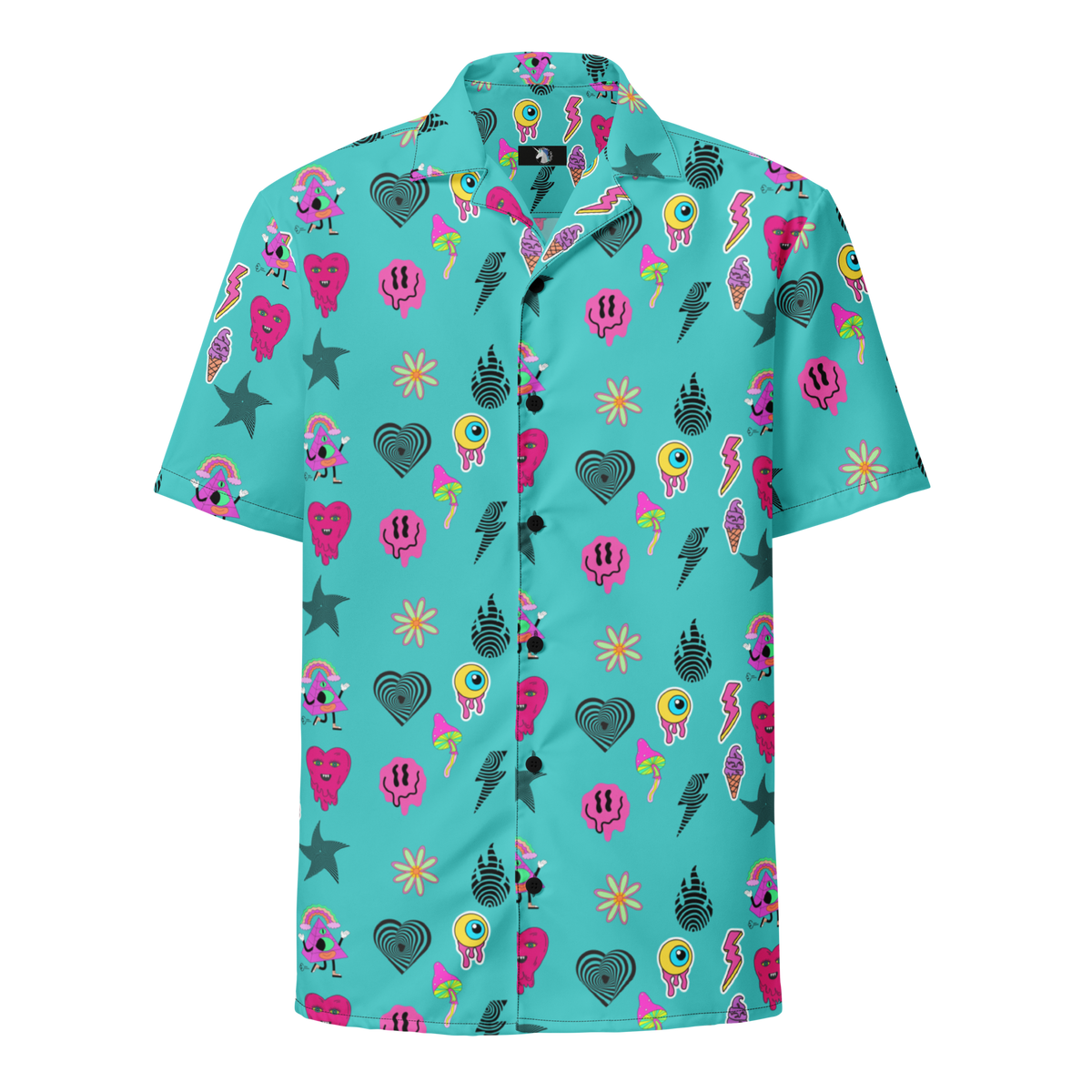 Turquoise Shirt, Oversized Button Shirt, Hot Pink Prints, Melting Hearts, Melting Smiley Faces, Melting Eyes, Psychedelic Vibes, Vibrant Fashion, Statement Piece, Unique Style, Bold Colors, Eye-catching Design, Psychedelic Print, Fashionable Shirt, Trendy Apparel, Expressive Fashion, Colorful Clothing, Stand Out Style, button up shirt