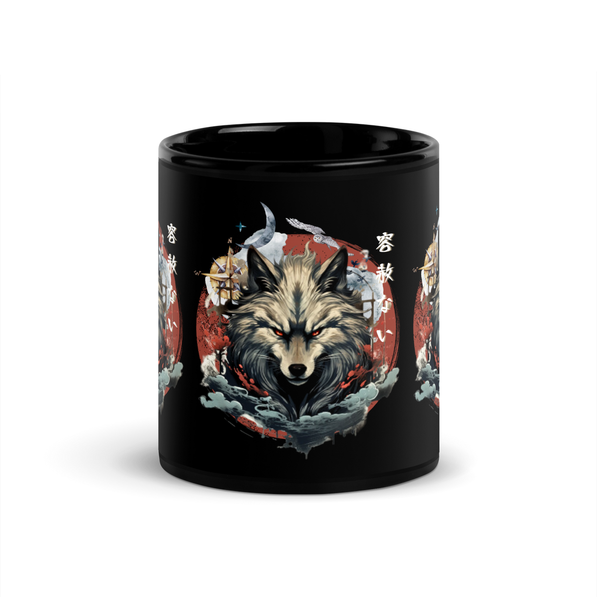 Japanese wolf, Black glossy mug, Wolf print, Coffee mug, Tea cup, Artistic design, Cultural motif, Unique gift, Mug collection, Japanese folklore, Drinkware, Home decor, Kitchen accessories, Animal art, Traditional symbolism, Modern aesthetics, High-quality print, Collectible item, Office essentials, Trendy merchandise, Online store, Puerto Rico entrepreneur