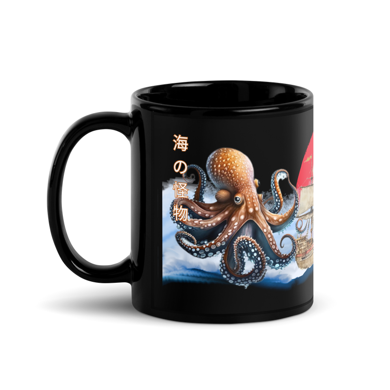 Japanese Octopus Mug, Japanese Octopus, Tokio Japan, kawaii, Japanese Calligraphy, Japanese Ship, Coffee mug, tea mug, Japanese kraken, Japanese sea monster, black glossy mug  