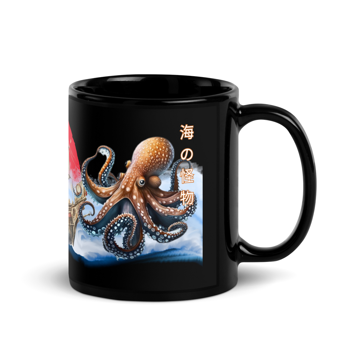 Japanese Octopus Mug, Japanese Octopus, Tokio Japan, kawaii, Japanese Calligraphy, Japanese Ship, Coffee mug, tea mug, Japanese kraken, Japanese sea monster, black glossy mug  