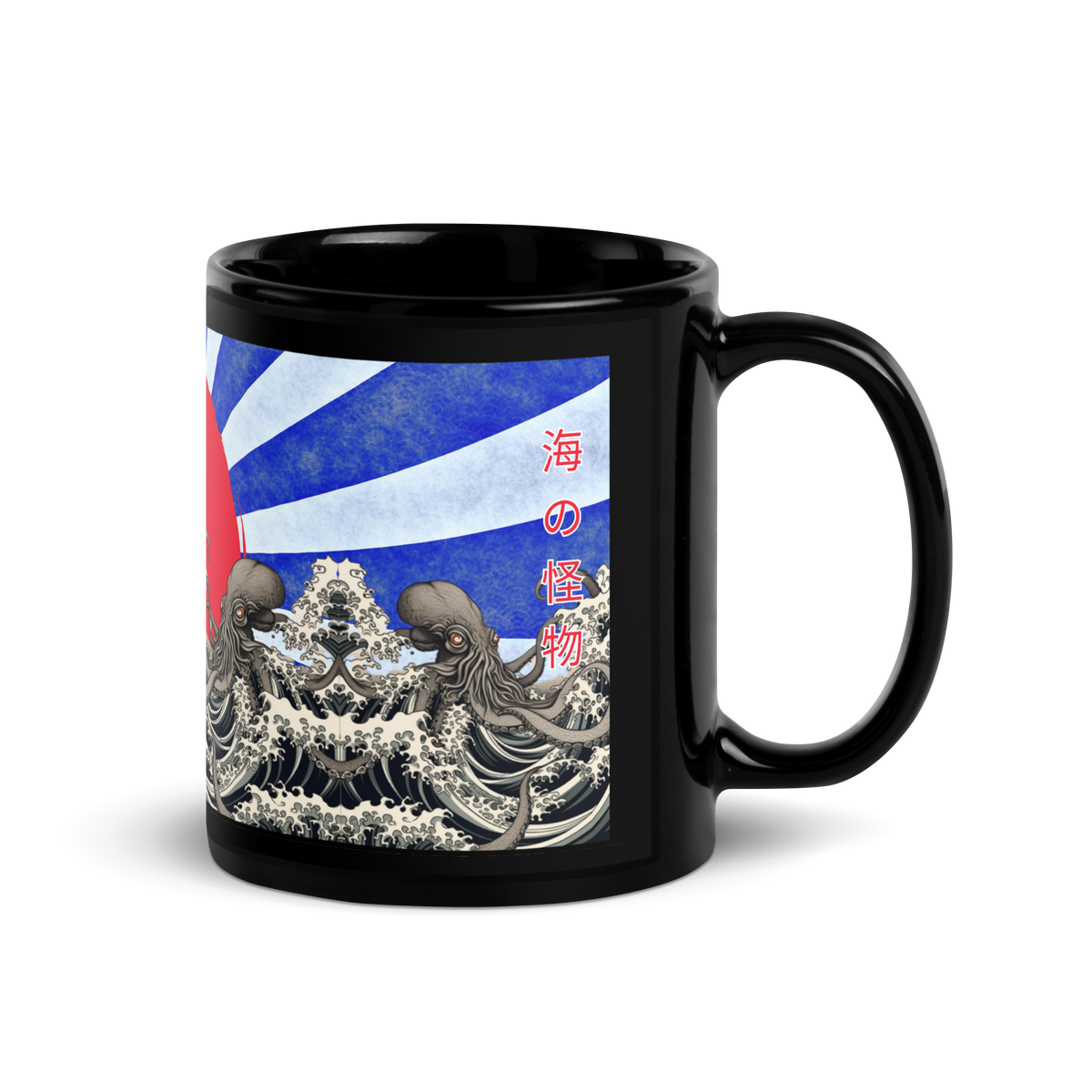 Japanese Calligraphy Octopus X and Waves Black Glossy Mug