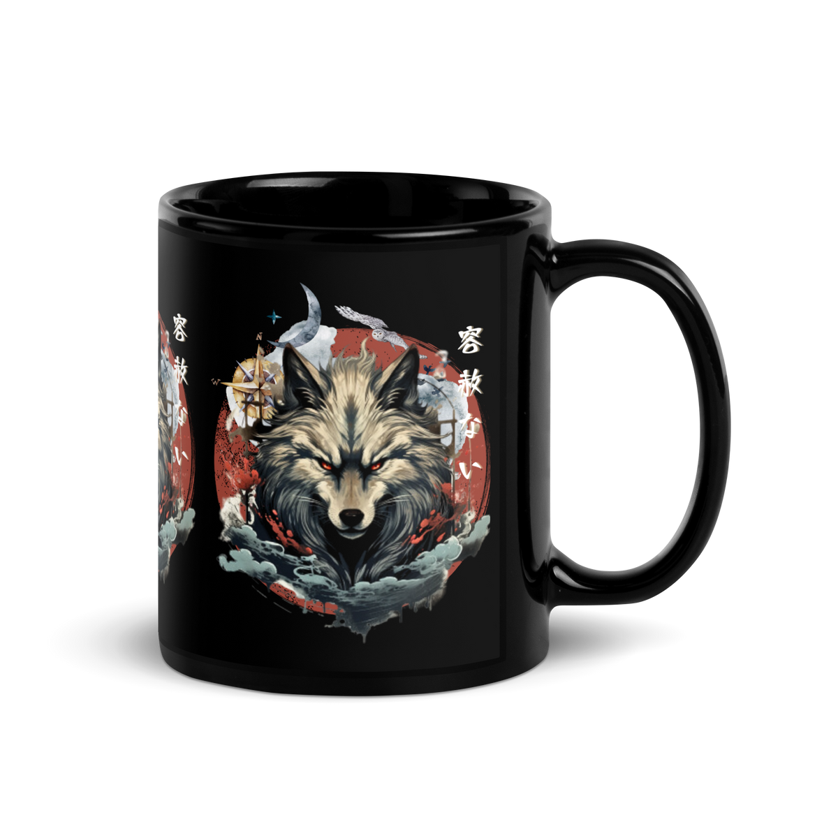 Japanese wolf, Black glossy mug, Wolf print, Coffee mug, Tea cup, Artistic design, Cultural motif, Unique gift, Mug collection, Japanese folklore, Drinkware, Home decor, Kitchen accessories, Animal art, Traditional symbolism, Modern aesthetics, High-quality print, Collectible item, Office essentials, Trendy merchandise, Online store, Puerto Rico entrepreneur
