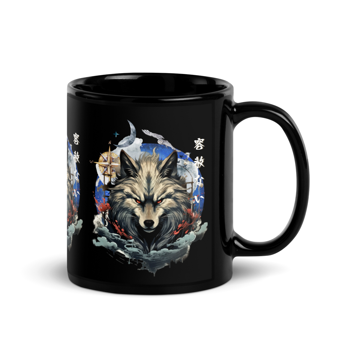 Japanese wolf, Black glossy mug, Wolf print, Coffee mug, Tea cup, Artistic design, Cultural motif, Unique gift, Mug collection, Japanese folklore, Drinkware, Home decor, Kitchen accessories, Animal art, Traditional symbolism, Modern aesthetics, High-quality print, Collectible item, Office essentials, Trendy merchandise, Online store, Puerto Rico entrepreneur