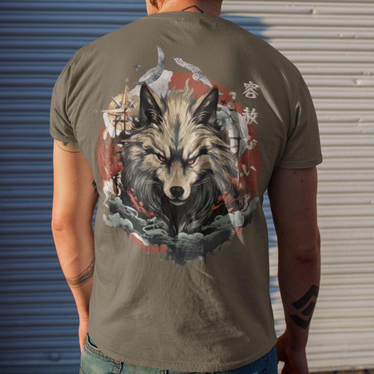 Army- Japanese Wolf T-Shirt, Cultural Fashion, Folklore Inspired, Nature Motif, Compass Design, Symbolic Apparel, Mythical Creatures, Artistic Tee, Intricate Prints, Storytelling Fashion, Traditional Art, Adventure Ready, Unique Graphic, Heritage Style, Compass Rose, Mystical Symbolism, Wolf Spirit. Navigational Theme, Cultural Fusion, Statement Wear, gif for him, gift for dad