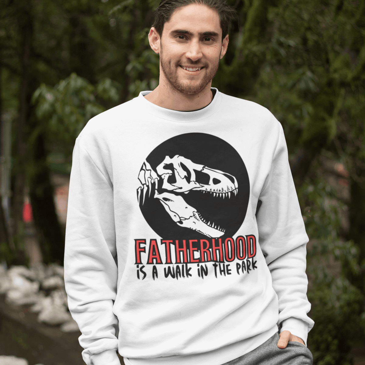 sweatshirt, dinosaur, fatherhood, parenting, family, dad life, cozy wear, graphic design, father's day, gift for dad, comfortable, unique phrase, casual style, warmth, versatile, soft fabric, empowerment, adventure, dad pride, loungewear, fashionable, quality, durability.fatherhood is a walk in the park tee