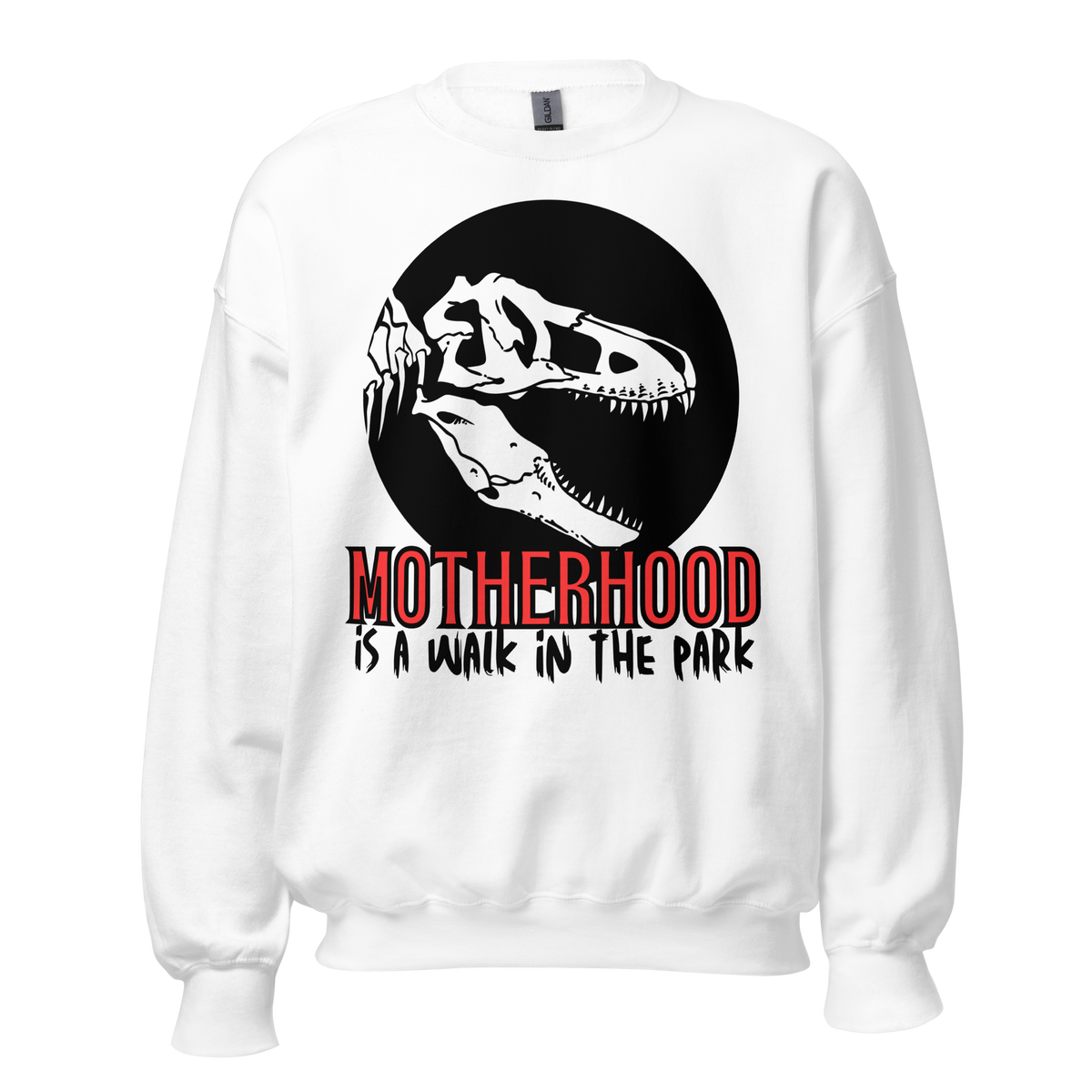 sweatshirt, dinosaur, motherhood, parenting, family, mom life, cozy wear, humorous design, mother's day, mom gift, soft fabric, light-hearted phrase, casual style, warmth, versatile, comfort, strength, adventure, mom pride, laughter, fashion, quality, durability, motherhood its a walk in the park tee