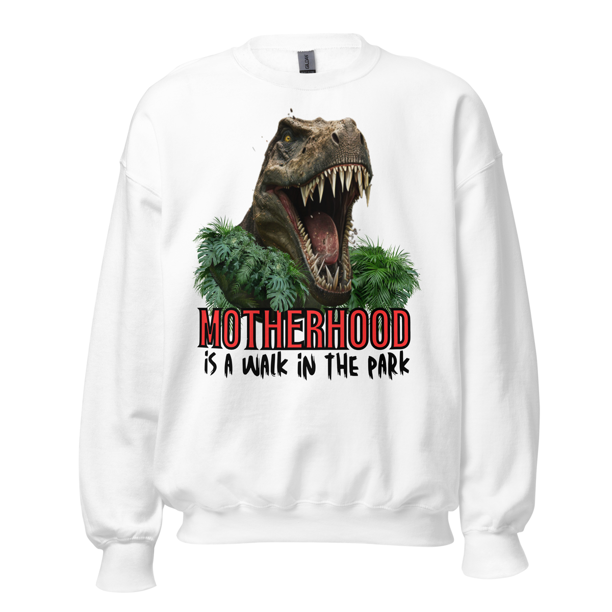 sweatshirt, dinosaur, motherhood, parenting, family, mom life, cozy wear, humorous design, mother's day, mom gift, soft fabric, light-hearted phrase, casual style, warmth, versatile, comfort, strength, adventure, mom pride, laughter, fashion, quality, durability, motherhood its a walk in the park tee