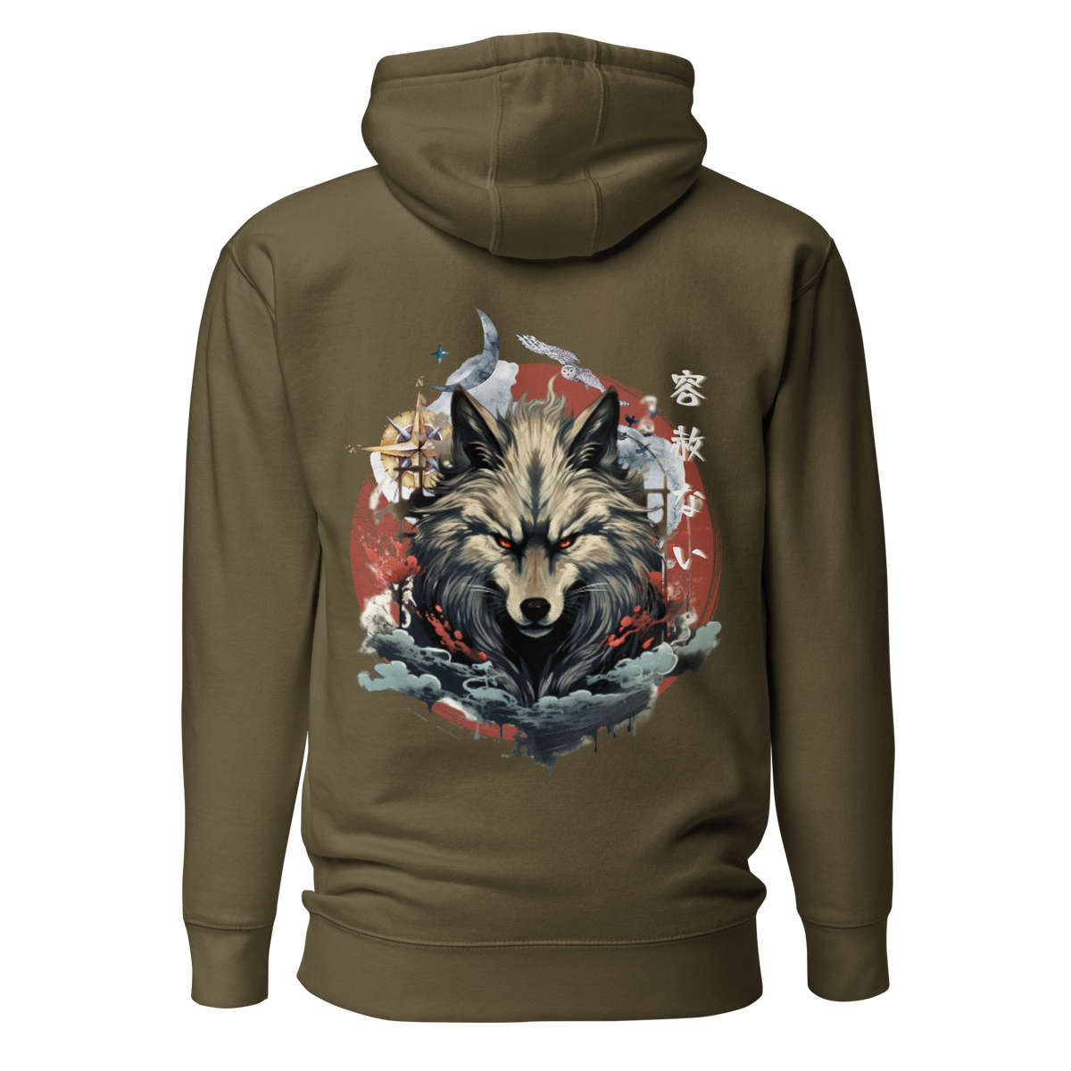 Japanese Wolf Hoodie, Cultural Artistry, Folklore Inspired, Nature and Myth, Compass Design, Symbolic Apparel, Adventure Theme, Ancient Wisdom, Navigational Art, Mythical Creatures, Tradition and Style, Artistic Hoodie, Storytelling Fashion, Heritage Fusion, Wolf Spirit, Contemporary Symbolism, Exploration Vibes, Cultural Fusion, Intricate Prints, Statement Outerwear