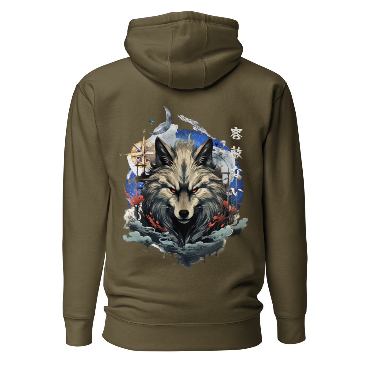 Japanese Wolf Hoodie, Cultural Artistry, Folklore Inspired, Nature and Myth, Compass Design, Symbolic Apparel, Adventure Theme, Ancient Wisdom, Navigational Art, Mythical Creatures, Tradition and Style, Artistic Hoodie, Storytelling Fashion, Heritage Fusion, Wolf Spirit, Contemporary Symbolism, Exploration Vibes, Cultural Fusion, Intricate Prints, Statement Outerwear