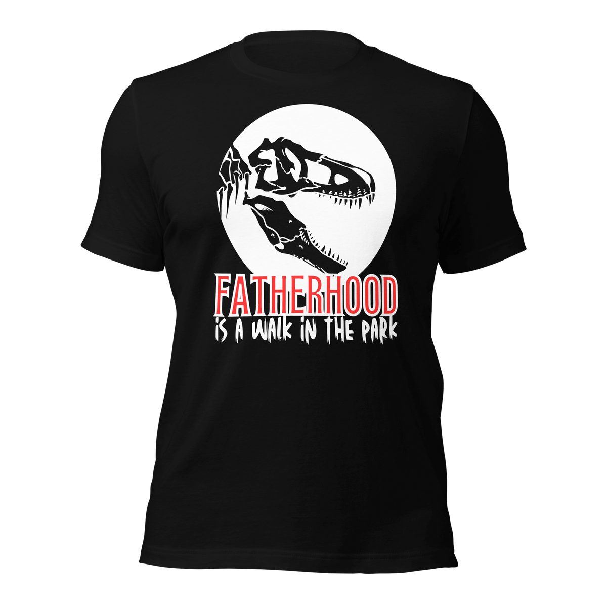 dinosaur, fatherhood, parenting, family, dad life, t-shirt, casual wear, graphic tee, father's day, gift for dad, comfortable, playful design, soft fabric, unique phrase, conversation starter, prehistoric, adventure, dad pride, comfort, stylish, fun, dad fashion, fatherhood is a walk in the park tee