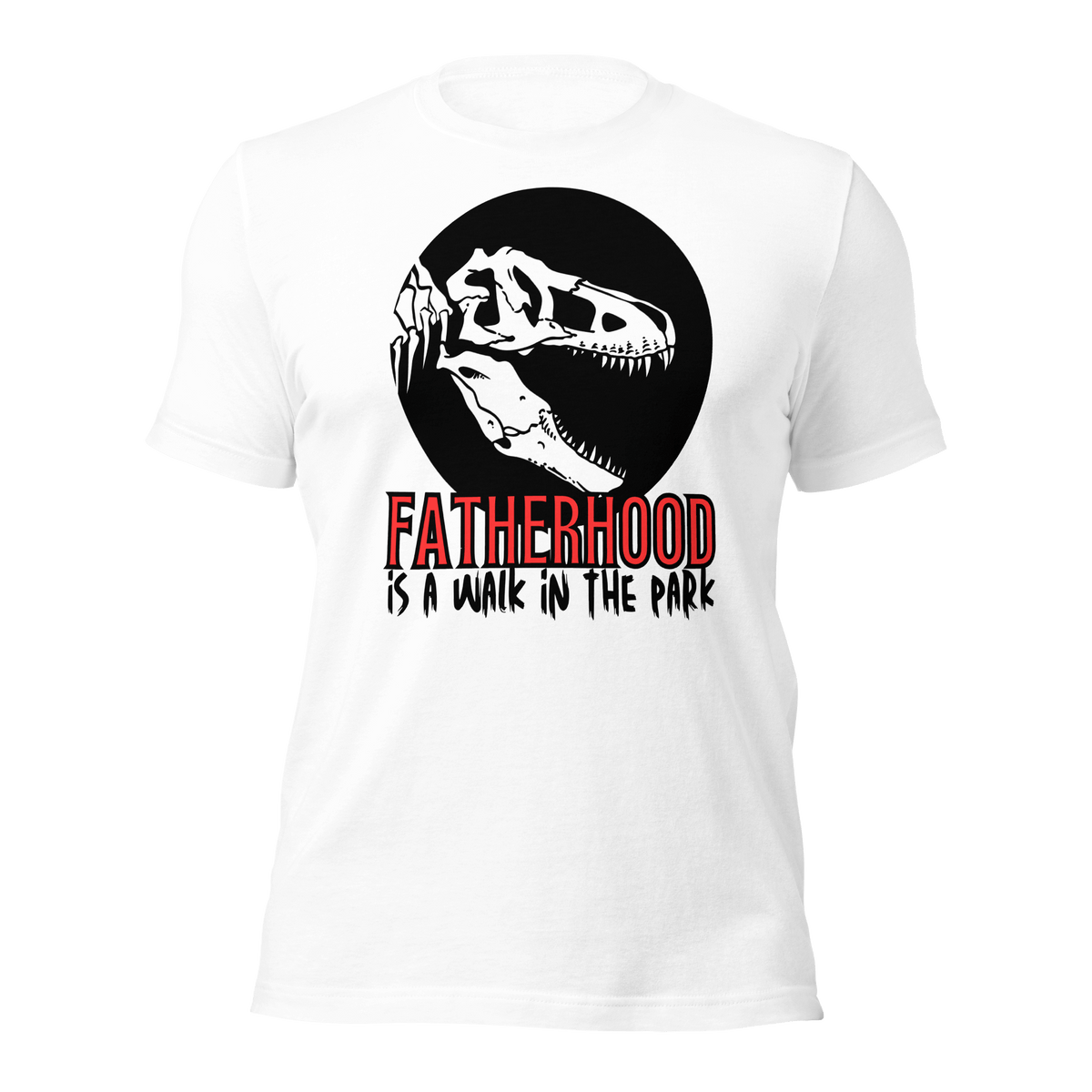 dinosaur, fatherhood, parenting, family, dad life, t-shirt, casual wear, graphic tee, father's day, gift for dad, comfortable, playful design, soft fabric, unique phrase, conversation starter, prehistoric, adventure, dad pride, comfort, stylish, fun, dad fashion, fatherhood is a walk in the park tee