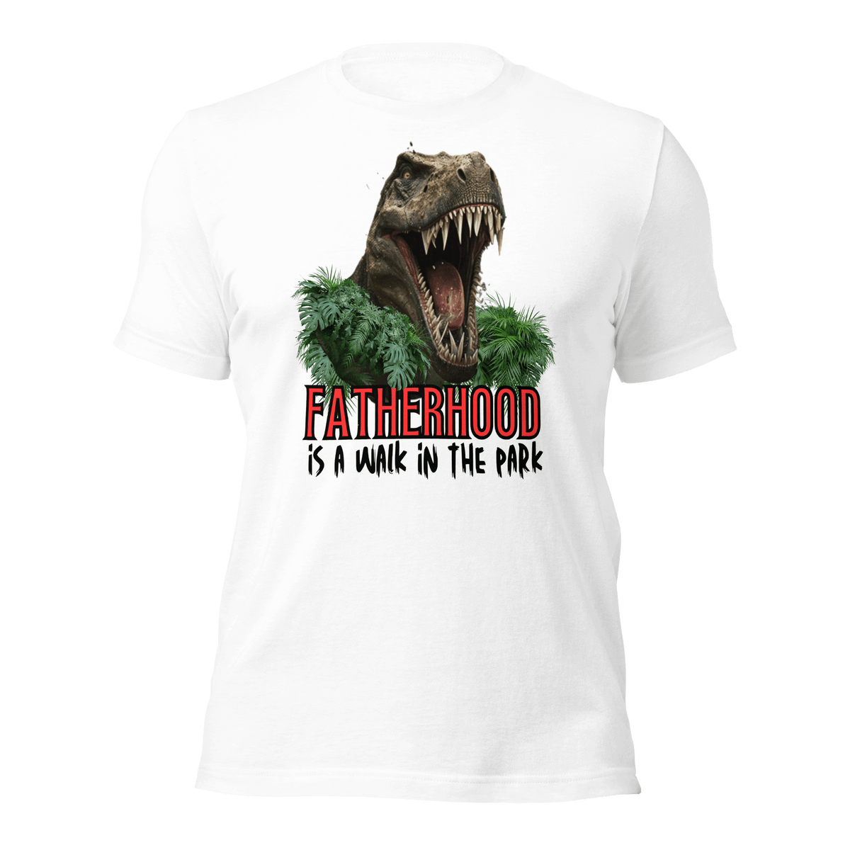 dinosaur, fatherhood, parenting, family, dad life, t-shirt, casual wear, graphic tee, father's day, gift for dad, comfortable, playful design, soft fabric, unique phrase, conversation starter, prehistoric, adventure, dad pride, comfort, stylish, fun, dad fashion, fatherhood is a walk in the park tee