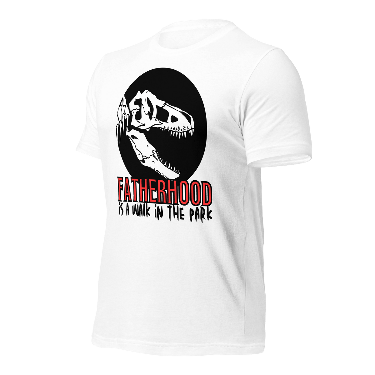 dinosaur, fatherhood, parenting, family, dad life, t-shirt, casual wear, graphic tee, father's day, gift for dad, comfortable, playful design, soft fabric, unique phrase, conversation starter, prehistoric, adventure, dad pride, comfort, stylish, fun, dad fashion, fatherhood is a walk in the park tee